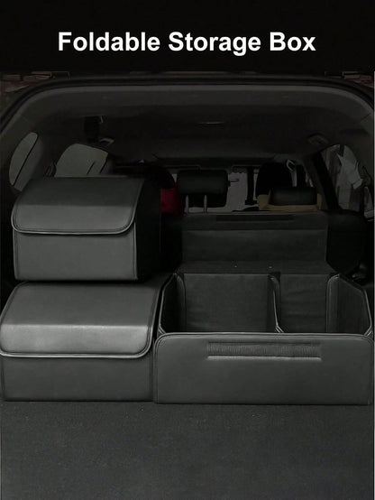 Matte Black Leather Foldable Car Storage Box With Removable Divider, Flexible Compartment Organization For Tools And Sundries, Thick Wear-Resistant Easy-To-Clean, Portable Handle Design, Dual-Use For