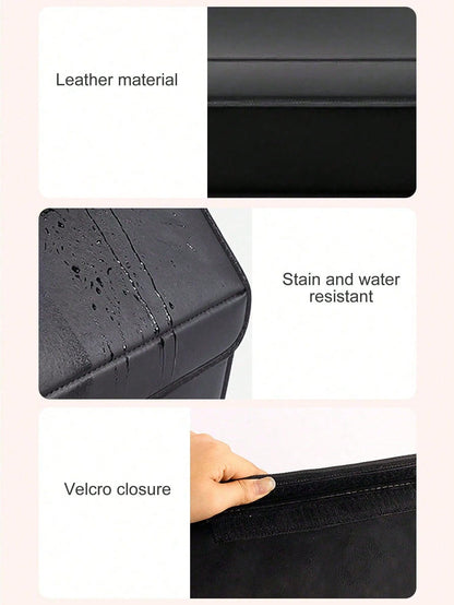Matte Black Leather Foldable Car Storage Box With Removable Divider, Flexible Compartment Organization For Tools And Sundries, Thick Wear-Resistant Easy-To-Clean, Portable Handle Design, Dual-Use For