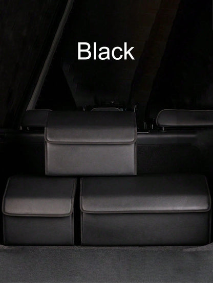 Matte Black Leather Foldable Car Storage Box With Removable Divider, Flexible Compartment Organization For Tools And Sundries, Thick Wear-Resistant Easy-To-Clean, Portable Handle Design, Dual-Use For