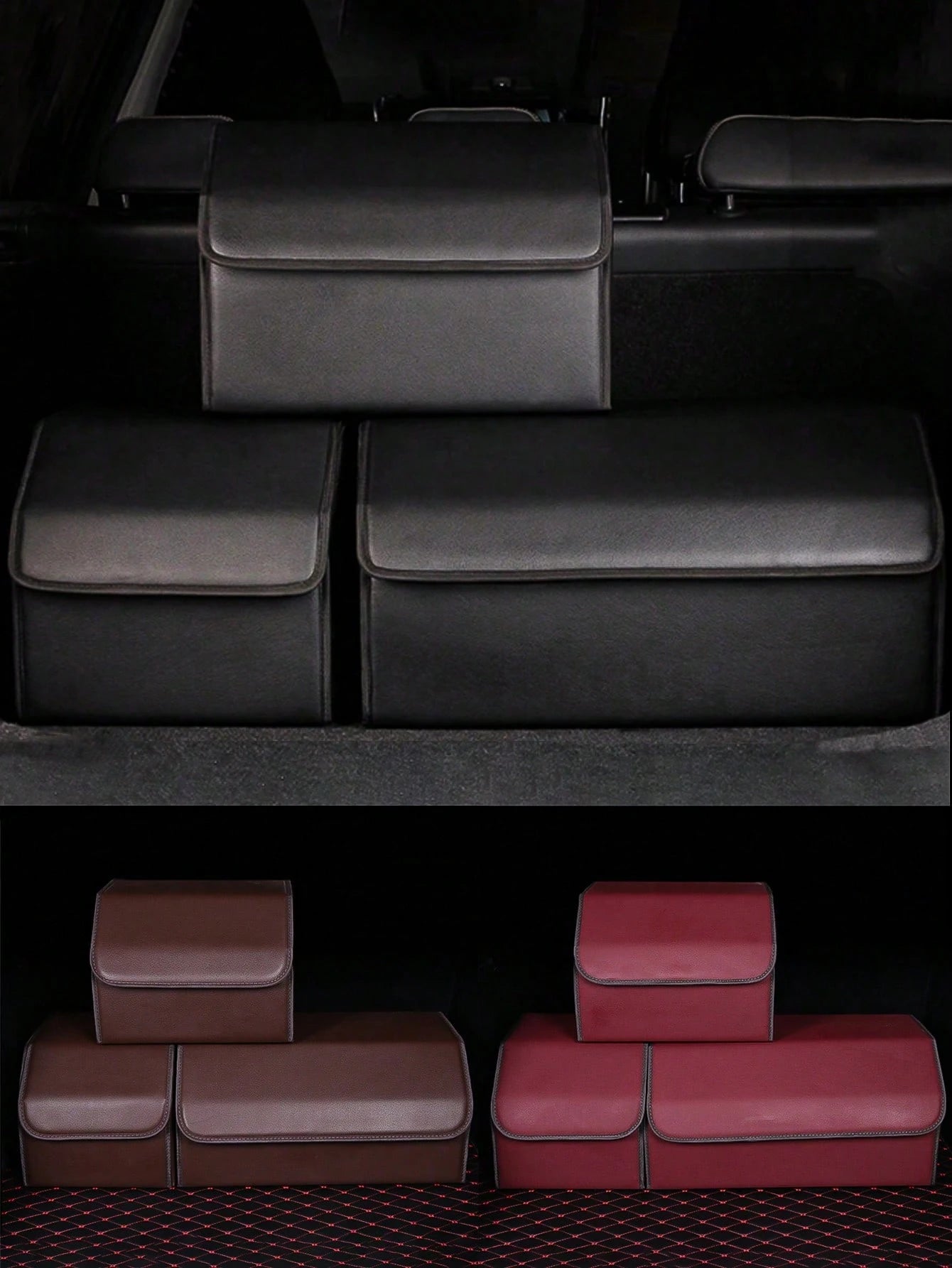 Matte Black Leather Foldable Car Storage Box With Removable Divider, Flexible Compartment Organization For Tools And Sundries, Thick Wear-Resistant Easy-To-Clean, Portable Handle Design, Dual-Use For