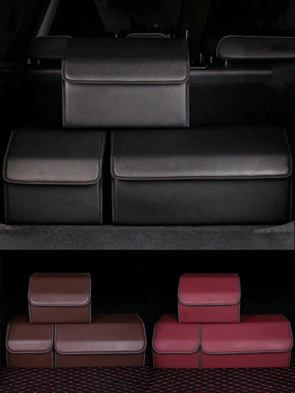 Matte Black Leather Foldable Car Storage Box With Removable Divider, Flexible Compartment Organization For Tools And Sundries, Thick Wear-Resistant Easy-To-Clean, Portable Handle Design, Dual-Use For