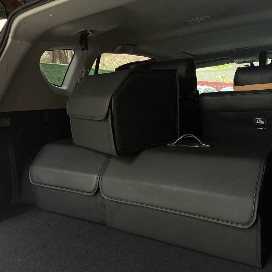 Matte Black Leather Foldable Car Storage Box With Removable Divider, Flexible Compartment Organization For Tools And Sundries, Thick Wear-Resistant Easy-To-Clean, Portable Handle Design, Dual-Use For