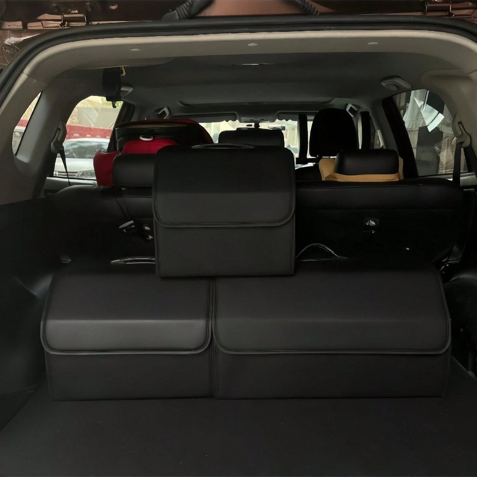 Matte Black Leather Foldable Car Storage Box With Removable Divider, Flexible Compartment Organization For Tools And Sundries, Thick Wear-Resistant Easy-To-Clean, Portable Handle Design, Dual-Use For