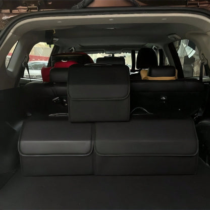 Matte Black Leather Foldable Car Storage Box With Removable Divider, Flexible Compartment Organization For Tools And Sundries, Thick Wear-Resistant Easy-To-Clean, Portable Handle Design, Dual-Use For