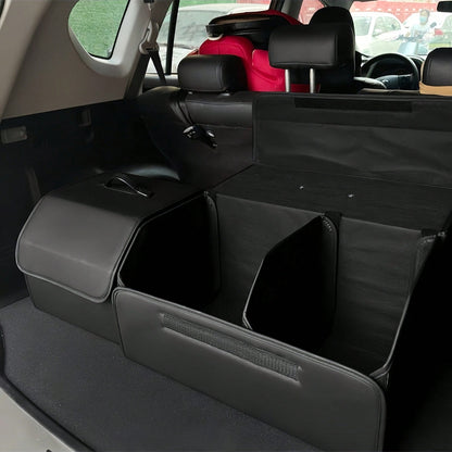 Matte Black Leather Foldable Car Storage Box With Removable Divider, Flexible Compartment Organization For Tools And Sundries, Thick Wear-Resistant Easy-To-Clean, Portable Handle Design, Dual-Use For