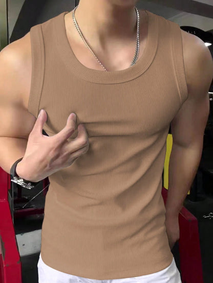 Mature Casual Men's Fashion Ribbed Textured Slim Fit Elastic Undershirt Tank Top