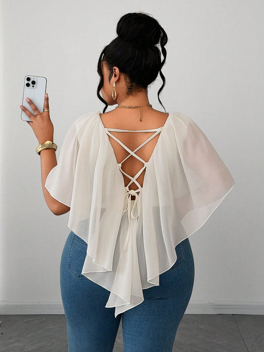 Maweii Plus Size French Sexy V-Neck Ruffle Trim Vacation Blouse