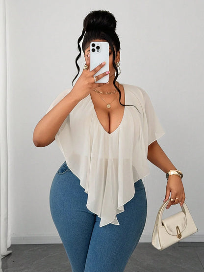 Maweii Plus Size French Sexy V-Neck Ruffle Trim Vacation Blouse