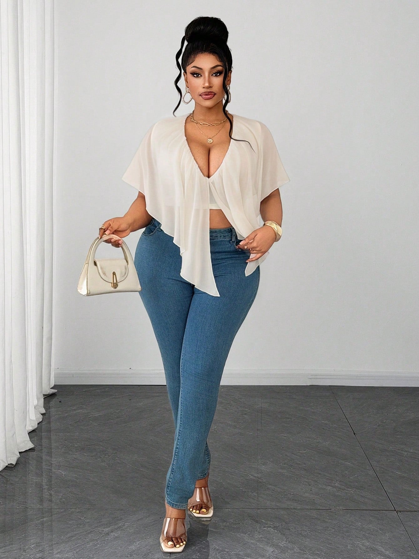 Maweii Plus Size French Sexy V-Neck Ruffle Trim Vacation Blouse
