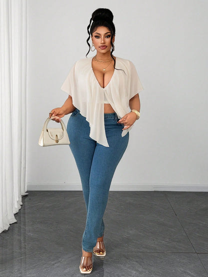 Maweii Plus Size French Sexy V-Neck Ruffle Trim Vacation Blouse