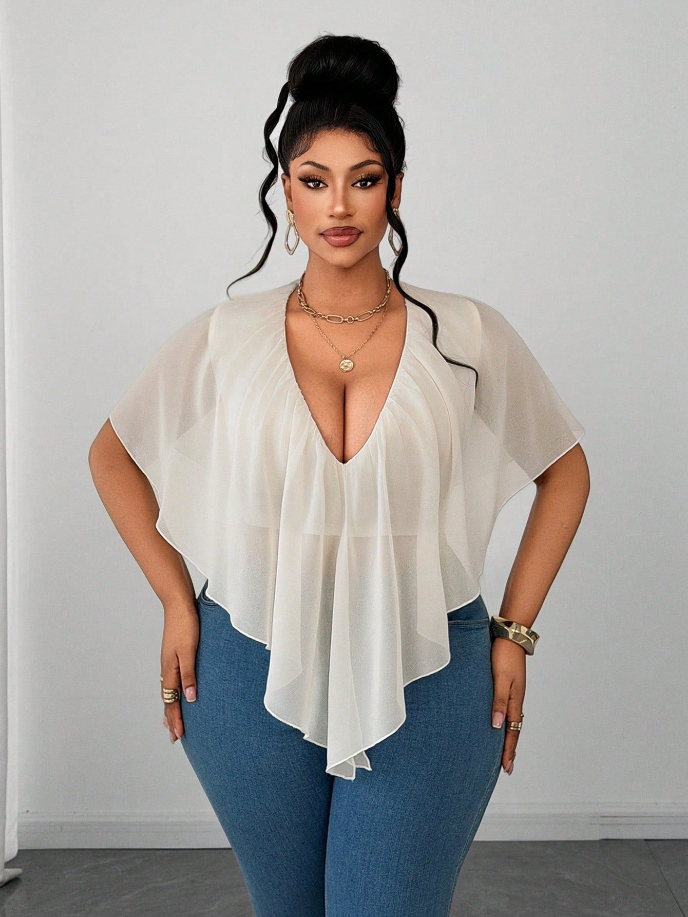 Maweii Plus Size French Sexy V-Neck Ruffle Trim Vacation Blouse