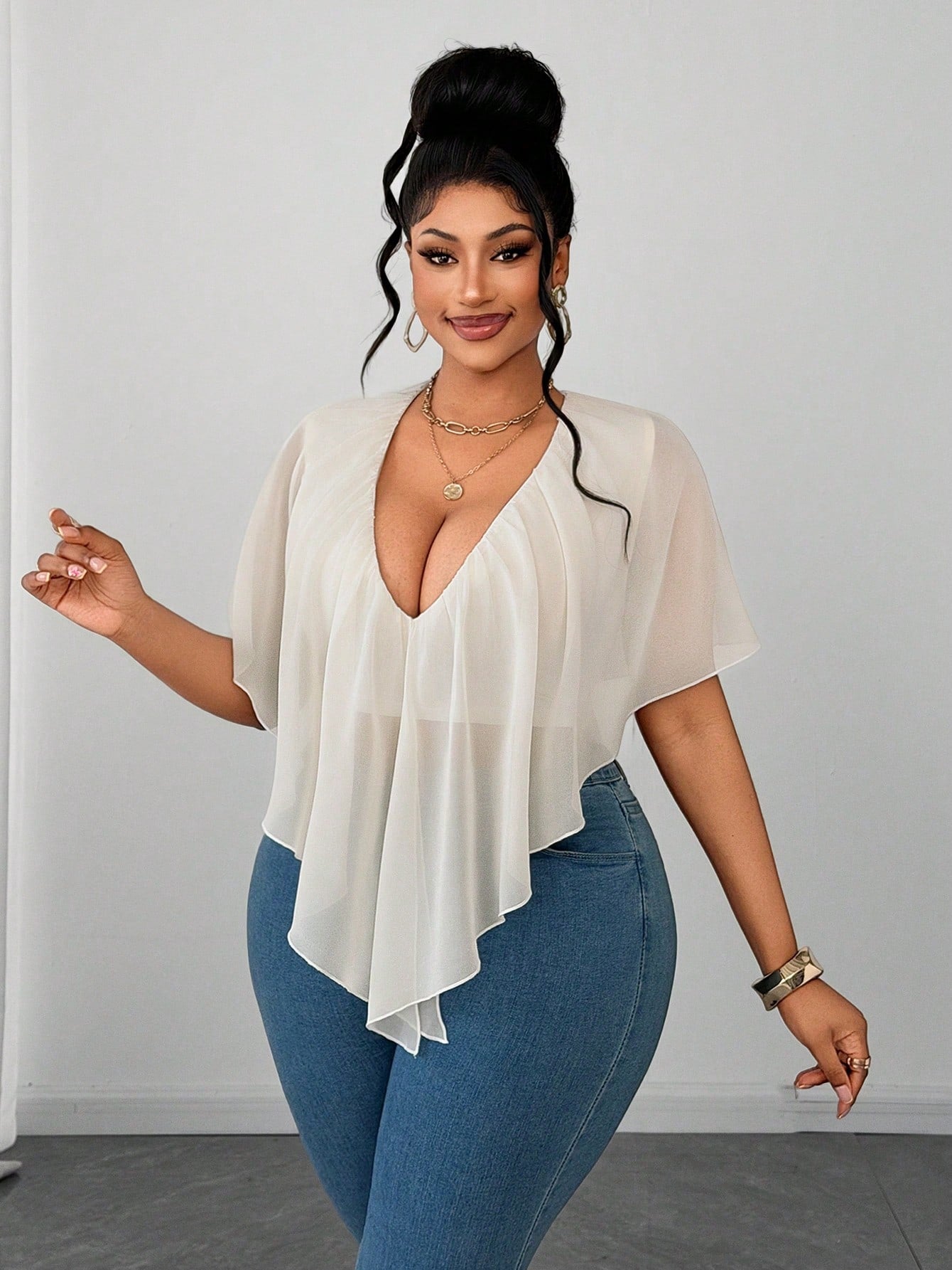 Maweii Plus Size French Sexy V-Neck Ruffle Trim Vacation Blouse