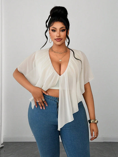 Maweii Plus Size French Sexy V-Neck Ruffle Trim Vacation Blouse