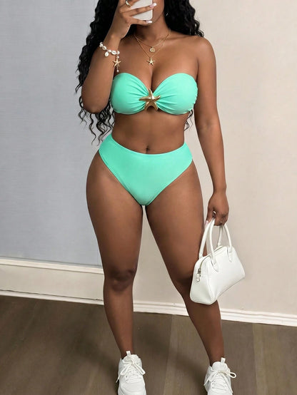 Maweii Plus Size Women 2pcs/Set Solid Color Casual Camisole Split Tankini Swimsuit For Summer Beach Vacation