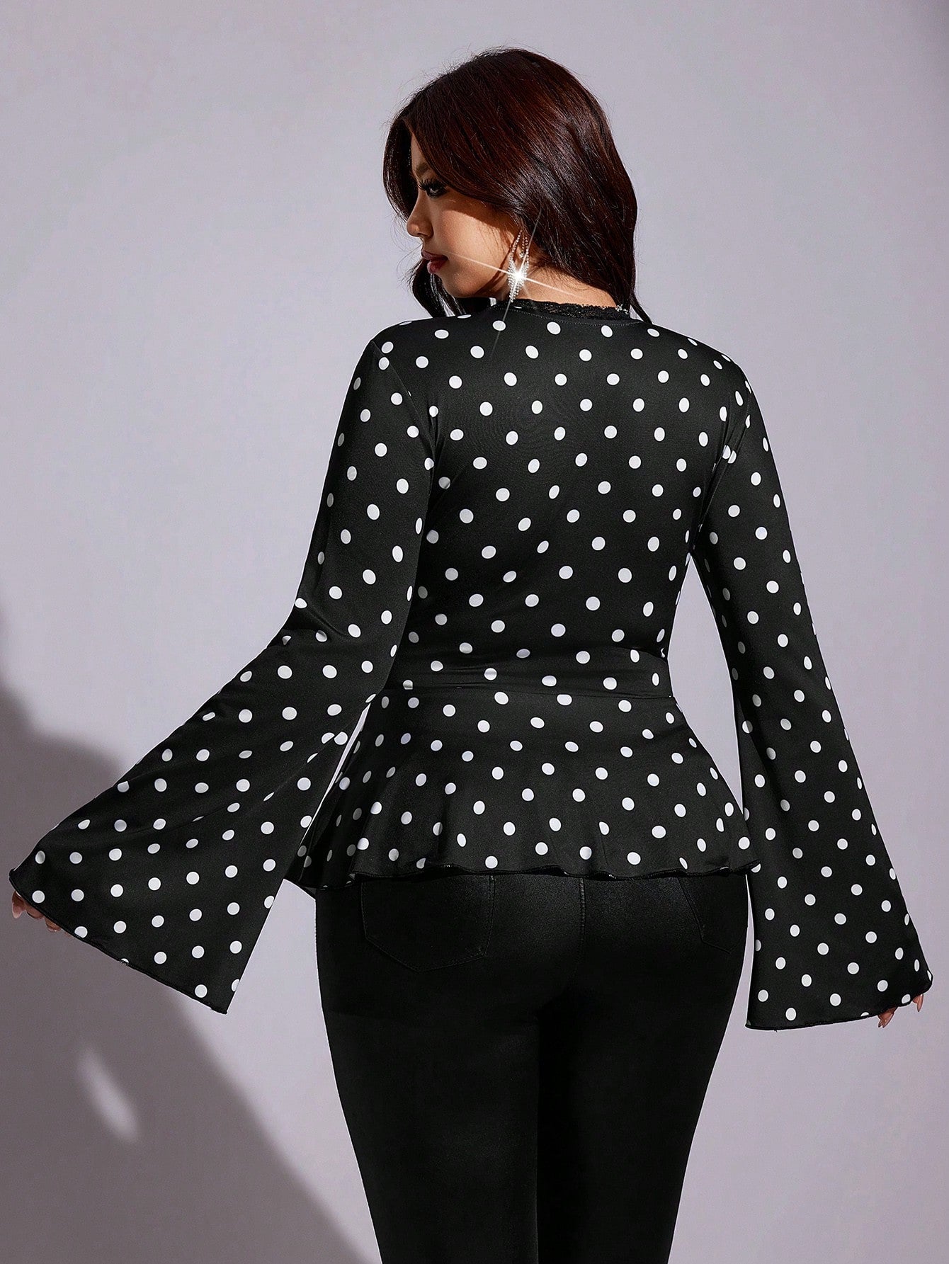 Maweii Plus Size Women Black & White Polka Dot Deep V-Neck Lace Trim Bell Sleeve Drawstring Waist Ruffle Hem Fitted Short Blouse For Casual Elegant Commute Date
