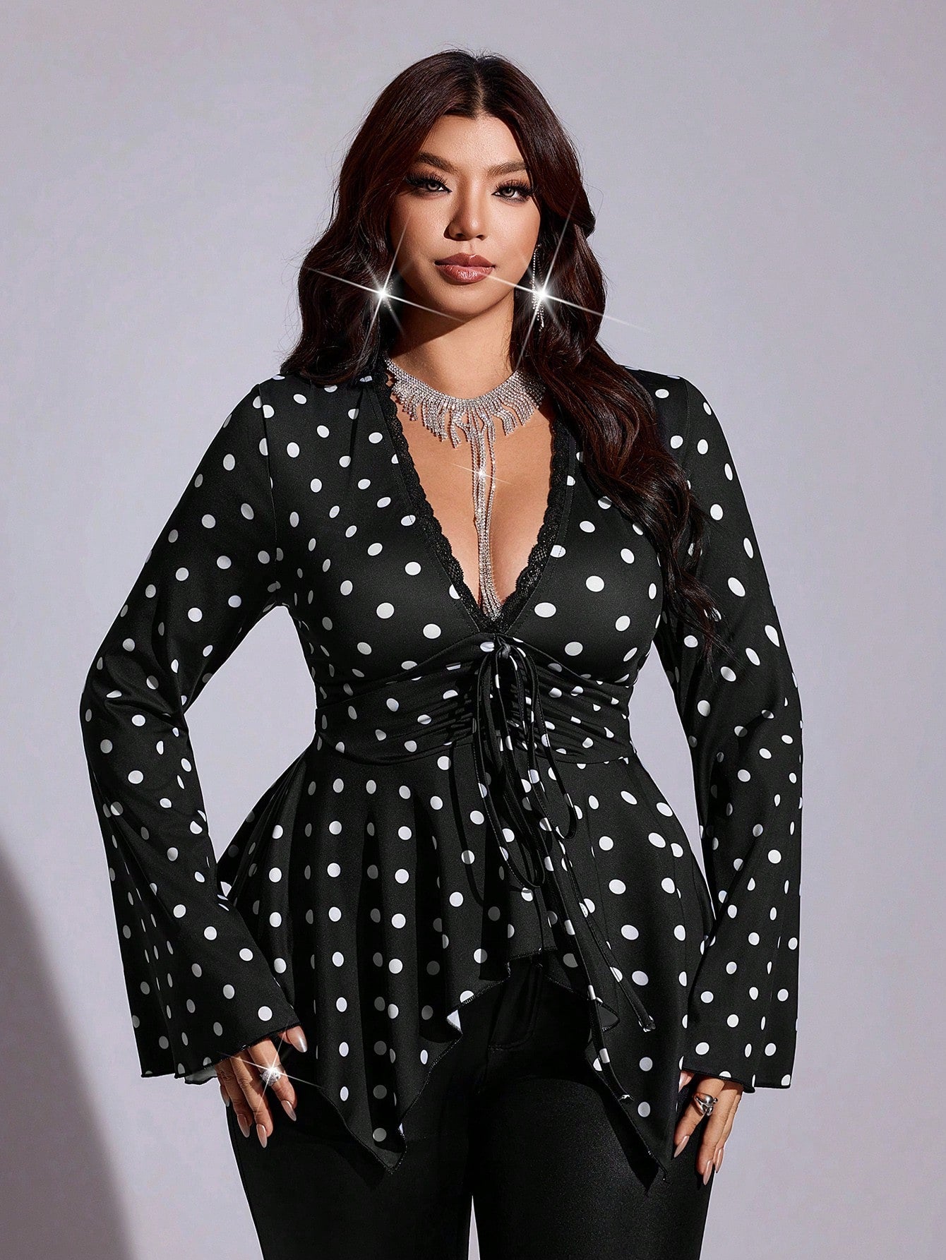 Maweii Plus Size Women Black & White Polka Dot Deep V-Neck Lace Trim Bell Sleeve Drawstring Waist Ruffle Hem Fitted Short Blouse For Casual Elegant Commute Date