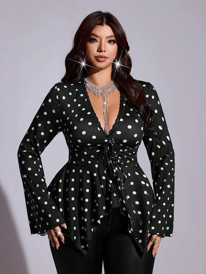 Maweii Plus Size Women Black & White Polka Dot Deep V-Neck Lace Trim Bell Sleeve Drawstring Waist Ruffle Hem Fitted Short Blouse For Casual Elegant Commute Date