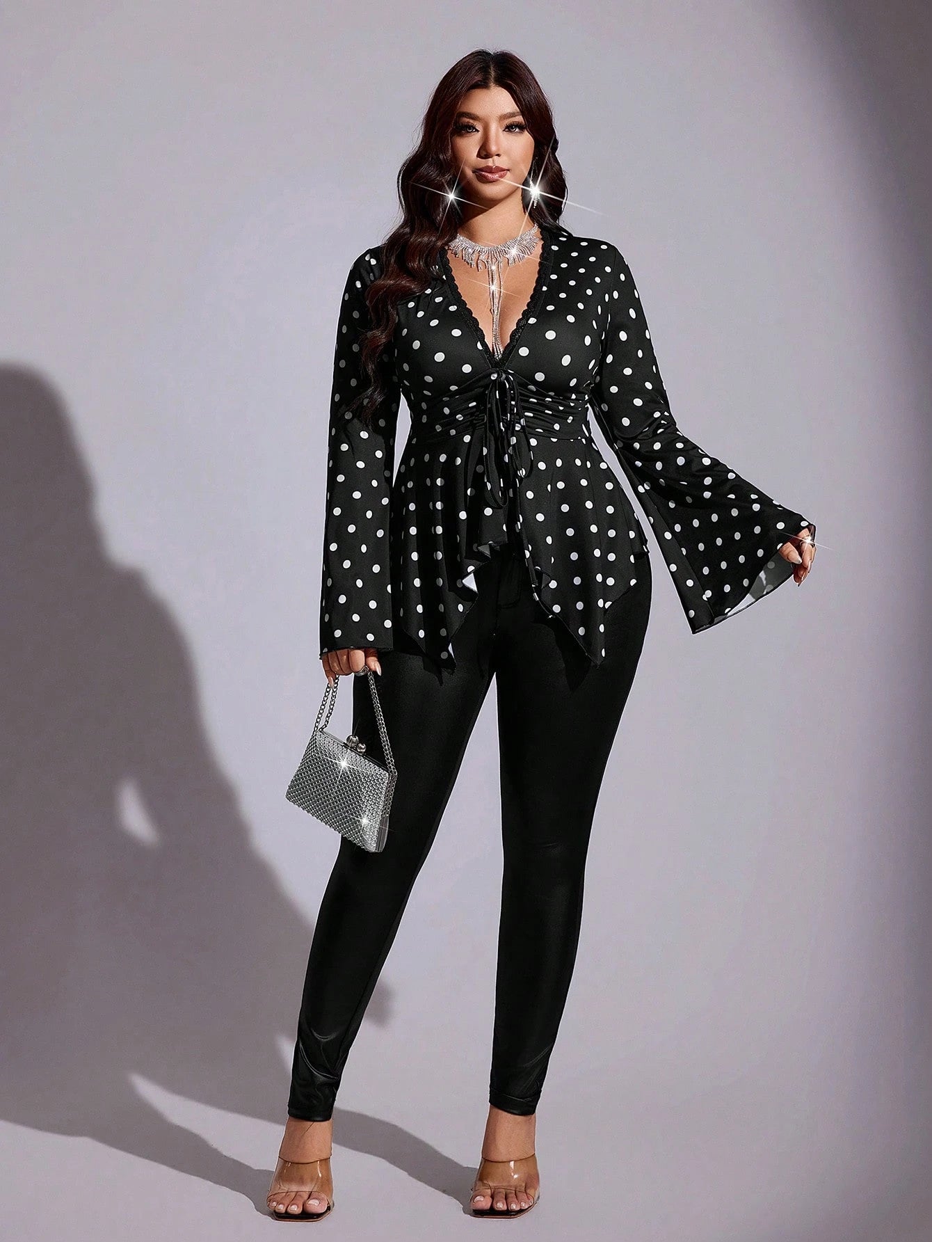 Maweii Plus Size Women Black & White Polka Dot Deep V-Neck Lace Trim Bell Sleeve Drawstring Waist Ruffle Hem Fitted Short Blouse For Casual Elegant Commute Date