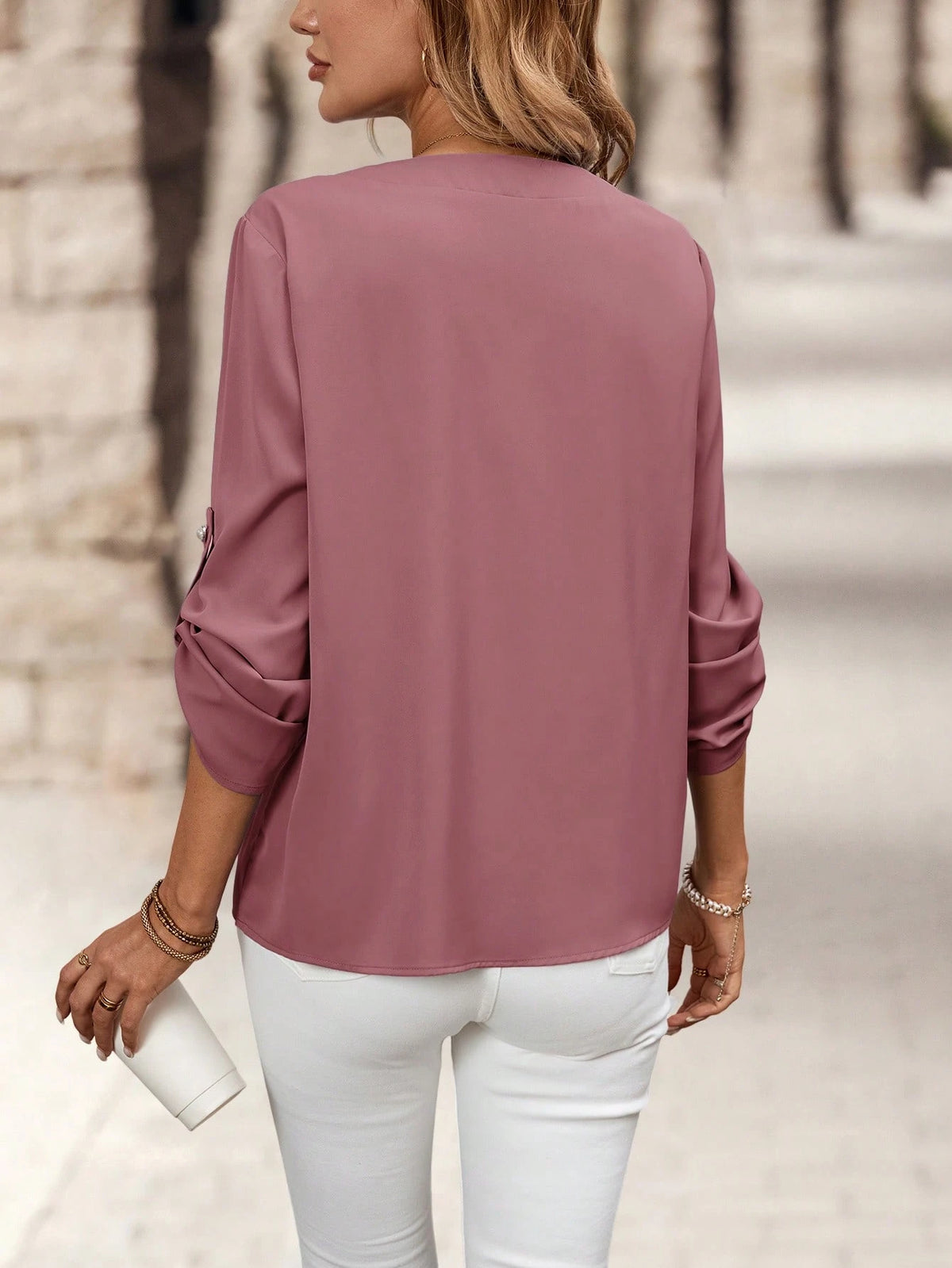 Medorina Women's Elegant V-Neck Blouse, Autumn Work Dusty Pink