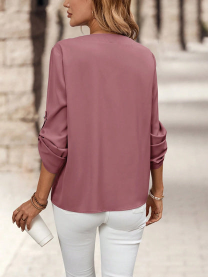 Medorina Women's Elegant V-Neck Blouse, Autumn Work Dusty Pink