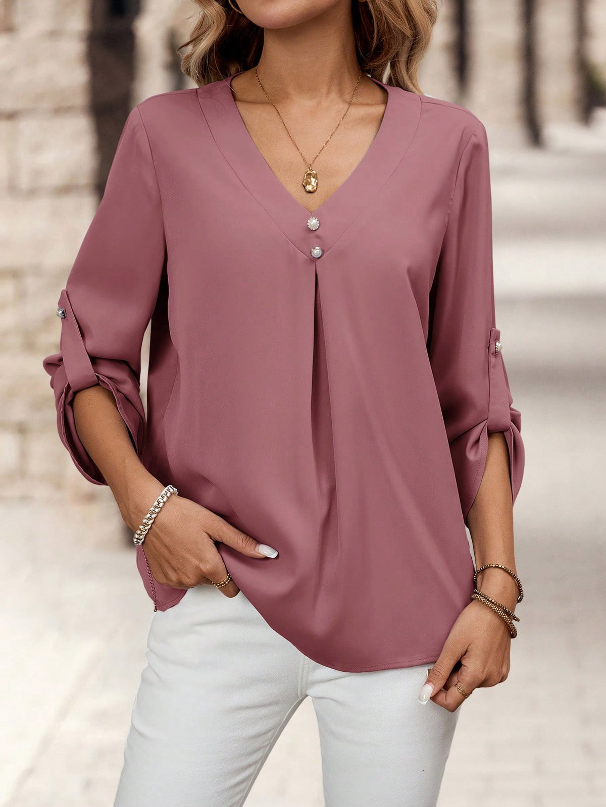 Medorina Women's Elegant V-Neck Blouse, Autumn Work Dusty Pink