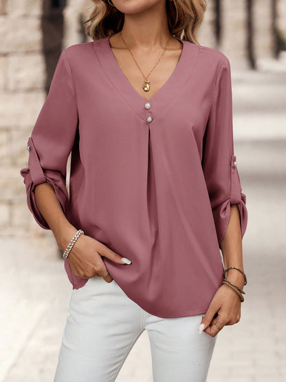 Medorina Women's Elegant V-Neck Blouse, Autumn Work Dusty Pink