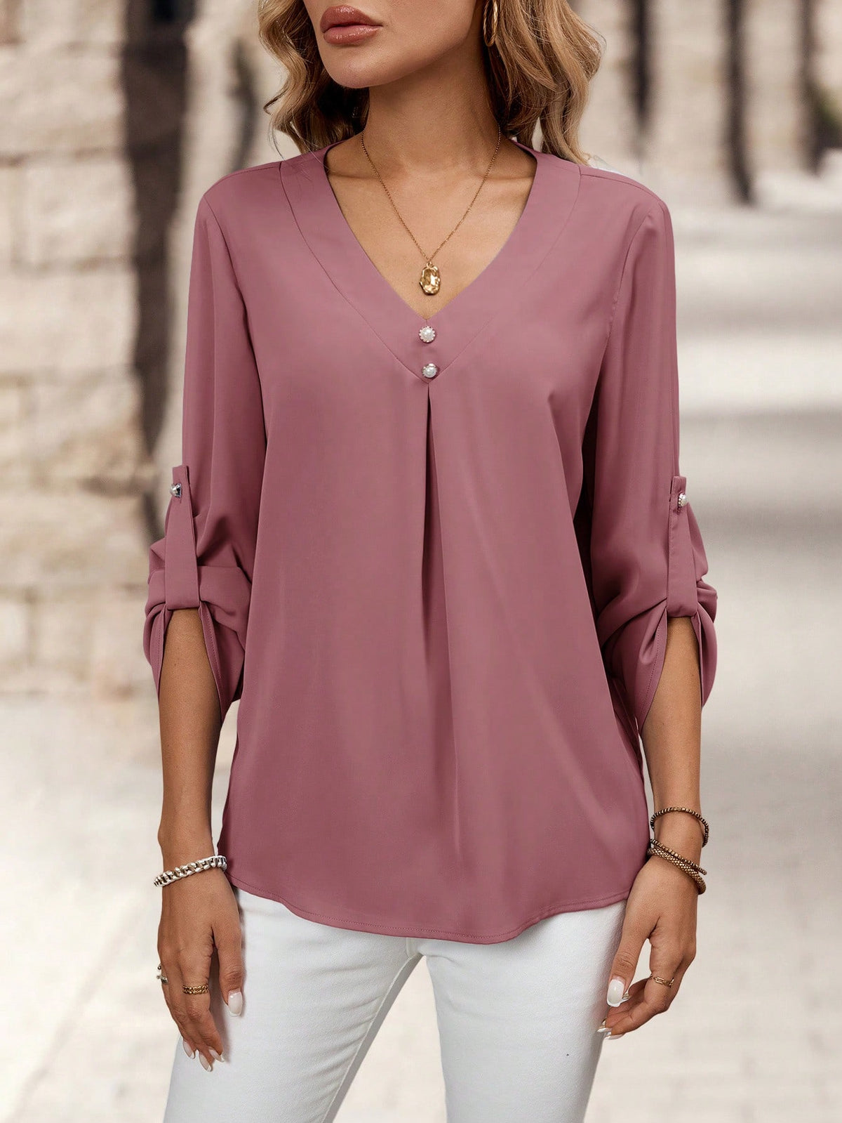 Medorina Women's Elegant V-Neck Blouse, Autumn Work Dusty Pink
