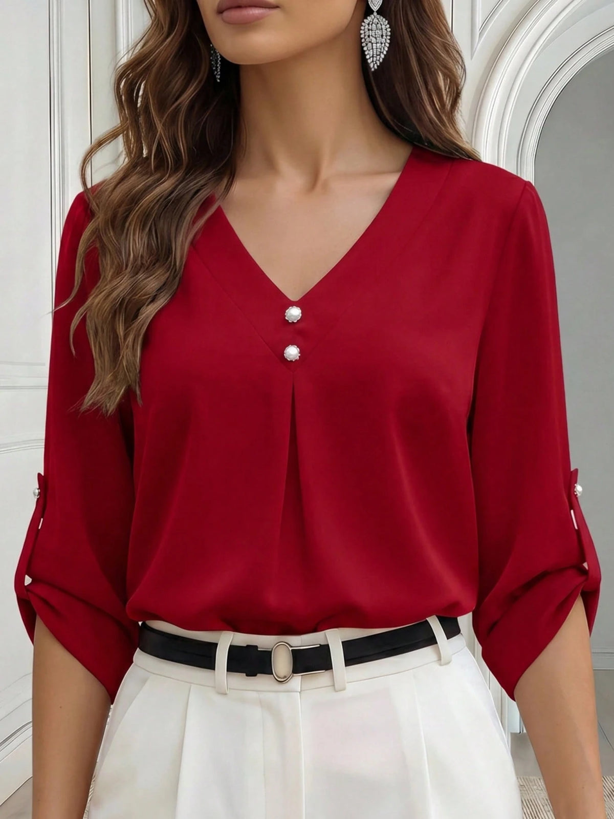 Medorina Women's Elegant V-Neck Blouse, Autumn Work Dusty Pink
