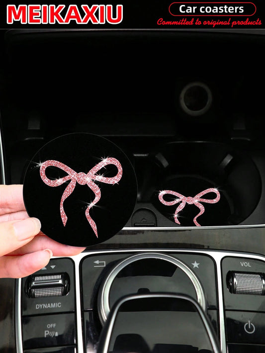 MEIKAXIU 2pcs Lovely Bow Sequin Sparkling Fabric Cup Mats, Car Water Cup Coasters, Car Interior Accessories, For Women