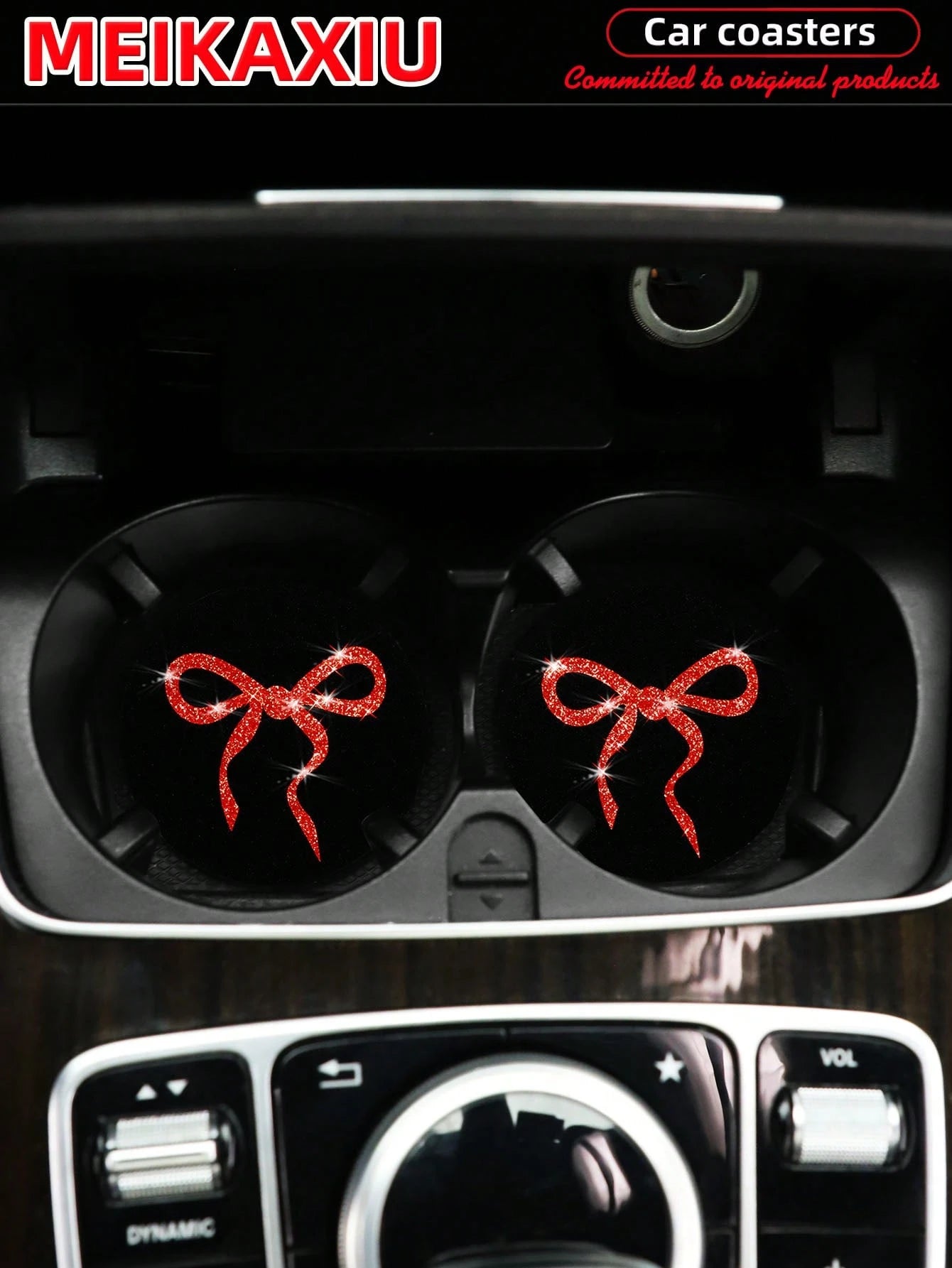 MEIKAXIU 2pcs Lovely Bow Sequin Sparkling Fabric Cup Mats, Car Water Cup Coasters, Car Interior Accessories, For Women