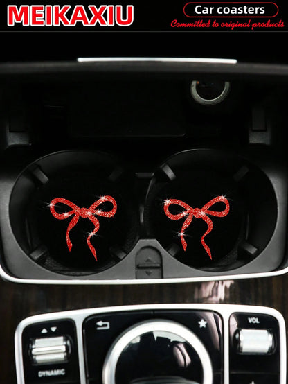 MEIKAXIU 2pcs Lovely Bow Sequin Sparkling Fabric Cup Mats, Car Water Cup Coasters, Car Interior Accessories, For Women