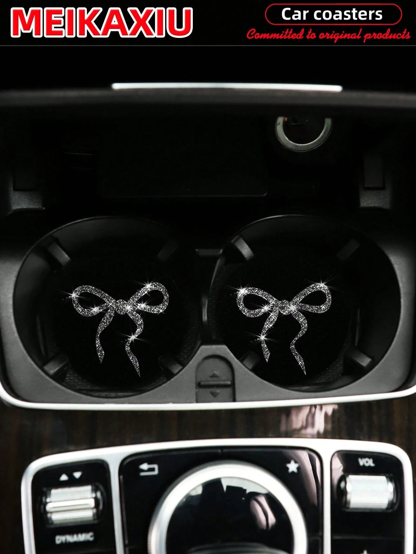 MEIKAXIU 2pcs Lovely Bow Sequin Sparkling Fabric Cup Mats, Car Water Cup Coasters, Car Interior Accessories, For Women