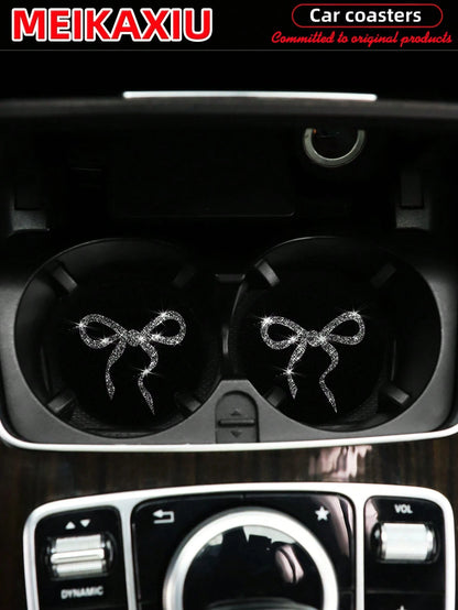 MEIKAXIU 2pcs Lovely Bow Sequin Sparkling Fabric Cup Mats, Car Water Cup Coasters, Car Interior Accessories, For Women