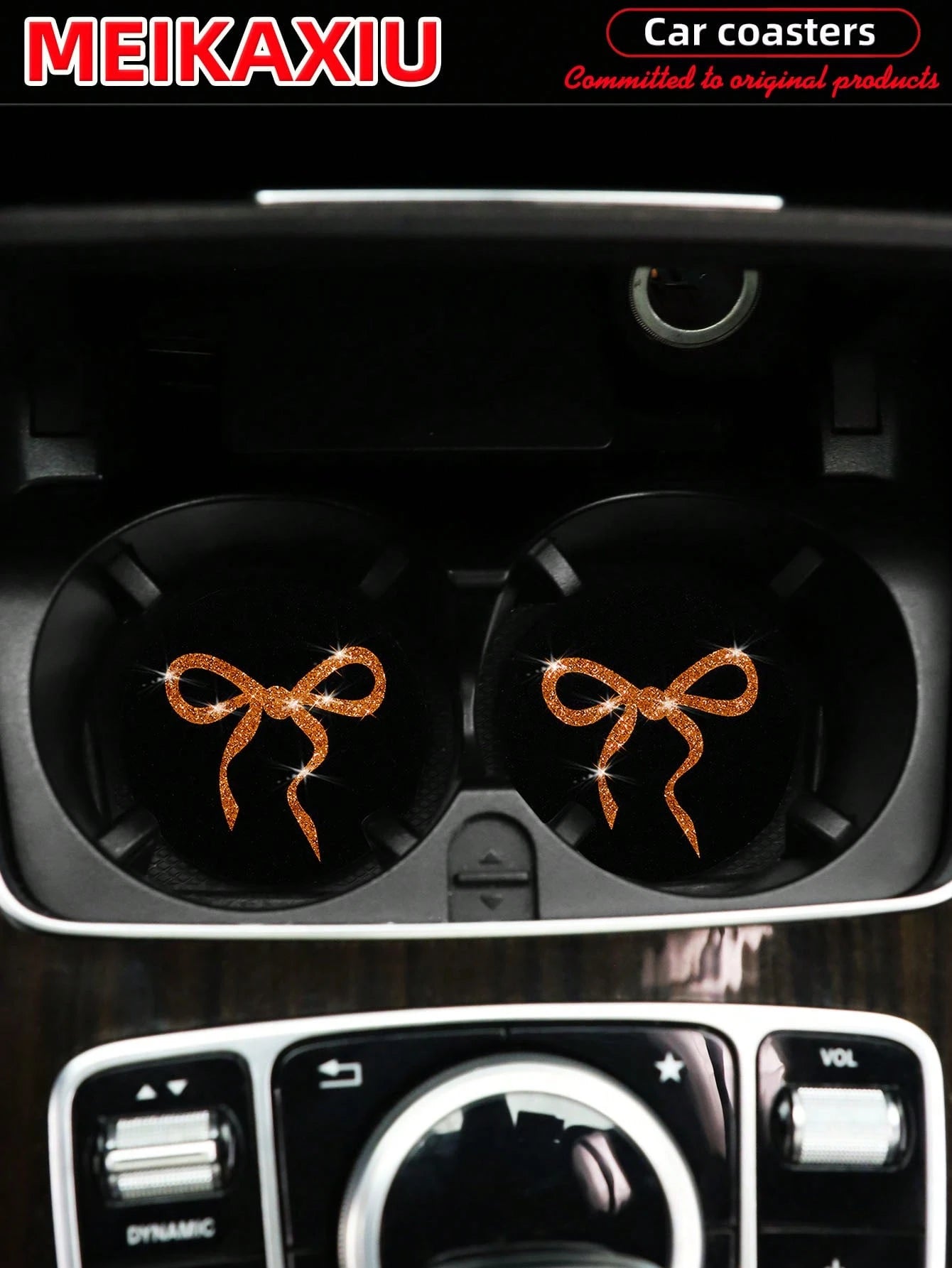 MEIKAXIU 2pcs Lovely Bow Sequin Sparkling Fabric Cup Mats, Car Water Cup Coasters, Car Interior Accessories, For Women