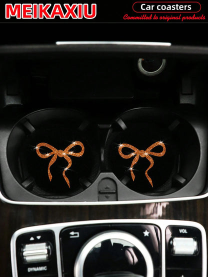 MEIKAXIU 2pcs Lovely Bow Sequin Sparkling Fabric Cup Mats, Car Water Cup Coasters, Car Interior Accessories, For Women