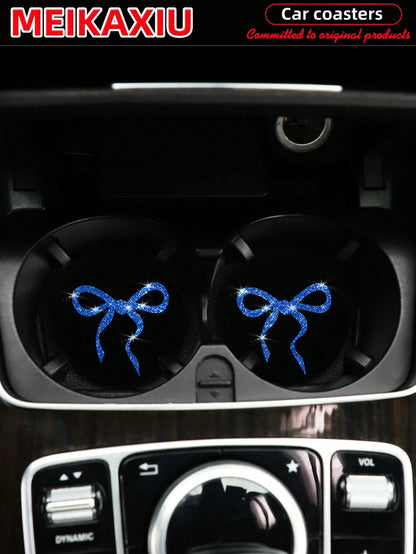 MEIKAXIU 2pcs Lovely Bow Sequin Sparkling Fabric Cup Mats, Car Water Cup Coasters, Car Interior Accessories, For Women