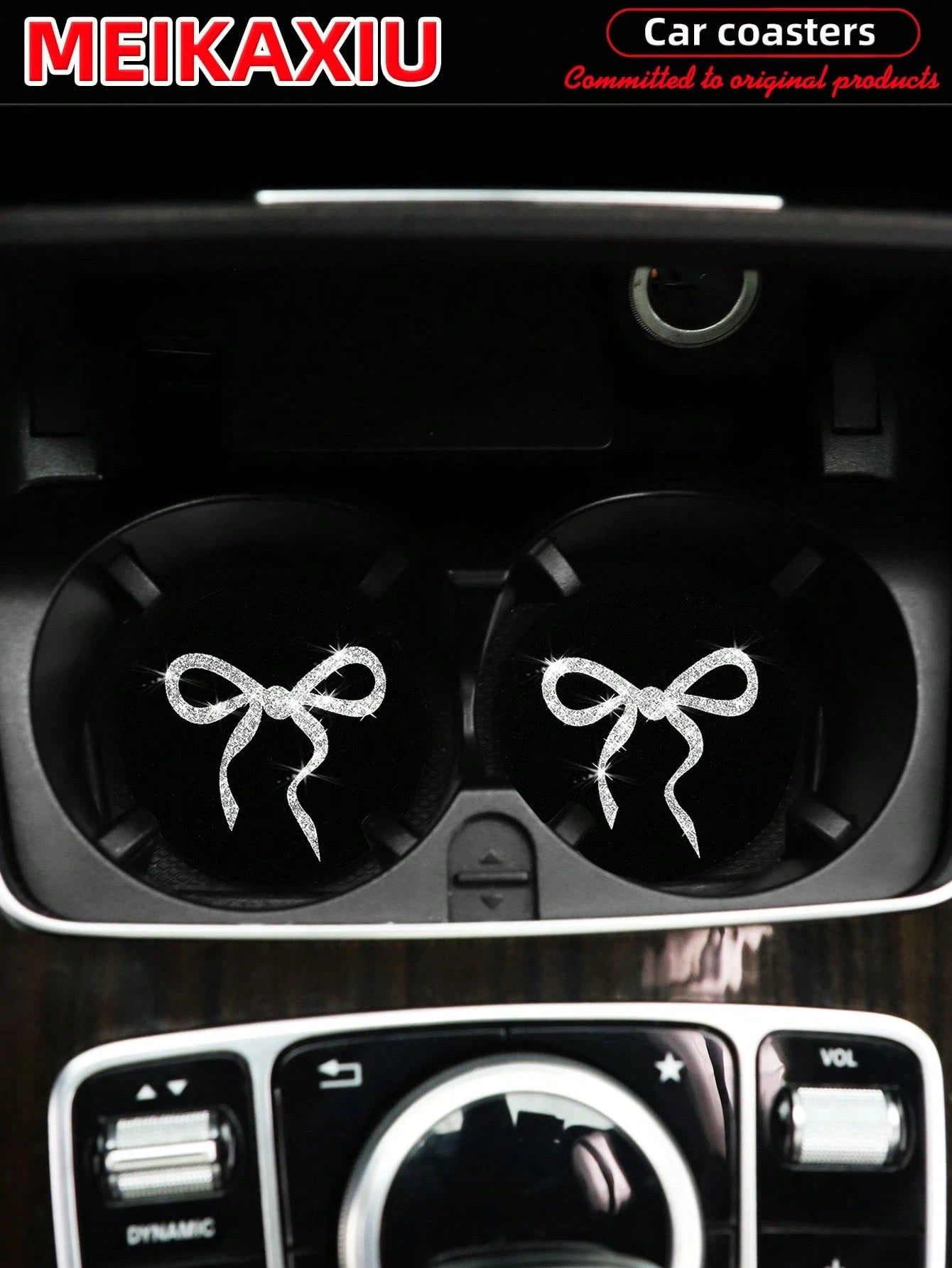 MEIKAXIU 2pcs Lovely Bow Sequin Sparkling Fabric Cup Mats, Car Water Cup Coasters, Car Interior Accessories, For Women