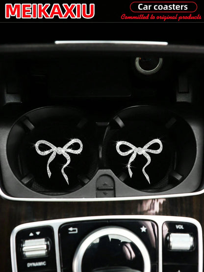 MEIKAXIU 2pcs Lovely Bow Sequin Sparkling Fabric Cup Mats, Car Water Cup Coasters, Car Interior Accessories, For Women