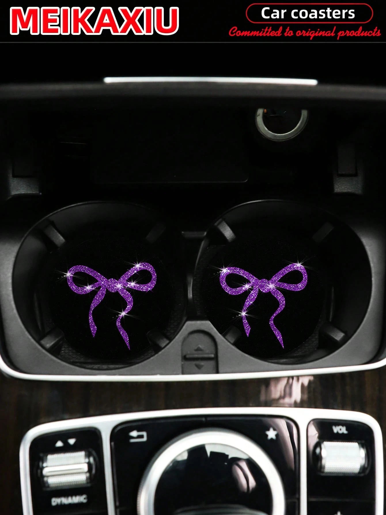 MEIKAXIU 2pcs Lovely Bow Sequin Sparkling Fabric Cup Mats, Car Water Cup Coasters, Car Interior Accessories, For Women
