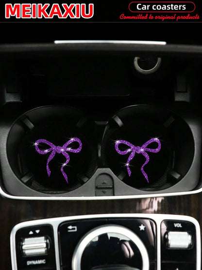 MEIKAXIU 2pcs Lovely Bow Sequin Sparkling Fabric Cup Mats, Car Water Cup Coasters, Car Interior Accessories, For Women