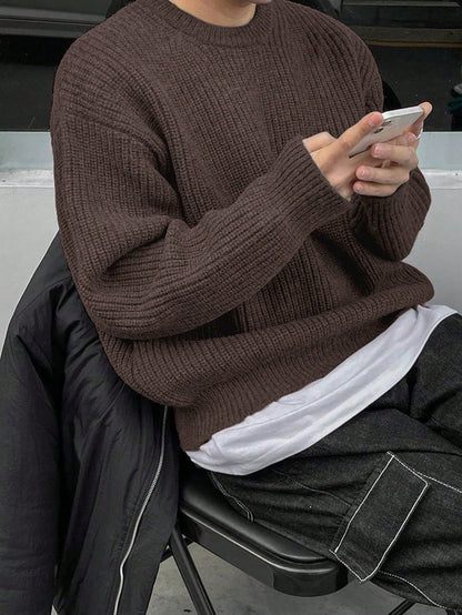 Men's Autumn/Winter Basic Solid Color Casual Fitted Lightweight Sheer Polyester Pique Textured Niche Design Long Sleeve Drop Shoulder Crew Neck Pullover Sweater