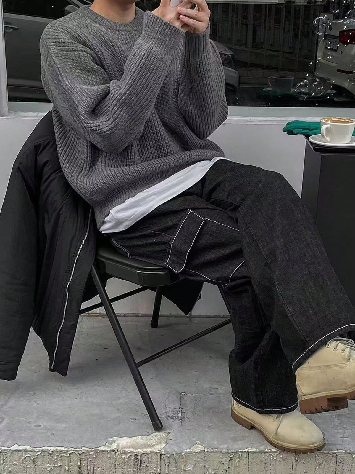 Men's Autumn/Winter Basic Solid Color Casual Fitted Lightweight Sheer Polyester Pique Textured Niche Design Long Sleeve Drop Shoulder Crew Neck Pullover Sweater