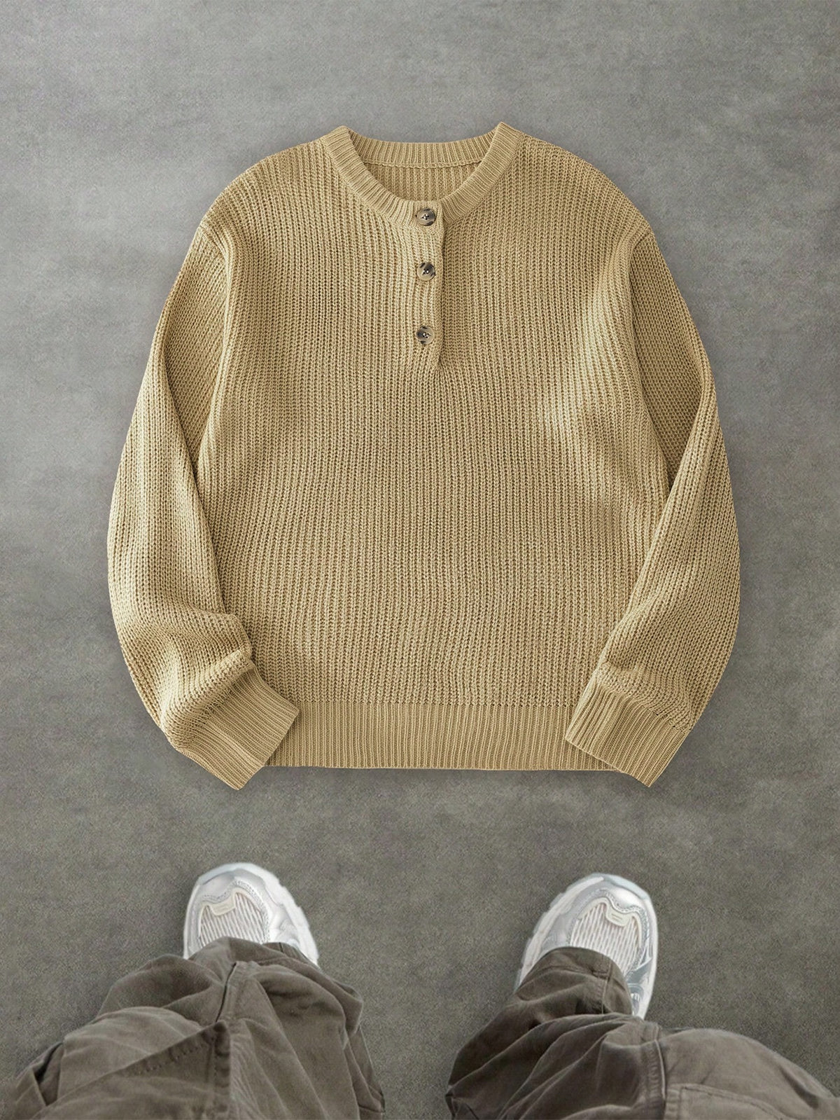Men's Comfortable Minimalist Button Decor Long Sleeve Crew Neck Sweater, Casual Versatile For Daily Wear, Autumn/Winter