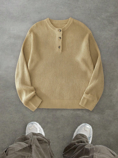 Men's Comfortable Minimalist Button Decor Long Sleeve Crew Neck Sweater, Casual Versatile For Daily Wear, Autumn/Winter