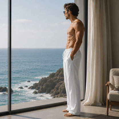 Men's Cotton Linen Pants, Loose Wide Straight Leg, Breathable Casual Trousers