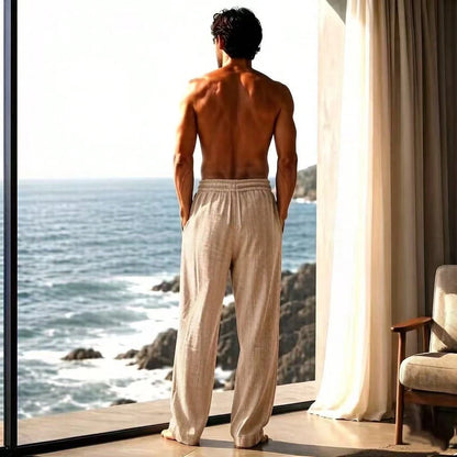 Men's Cotton Linen Pants, Loose Wide Straight Leg, Breathable Casual Trousers