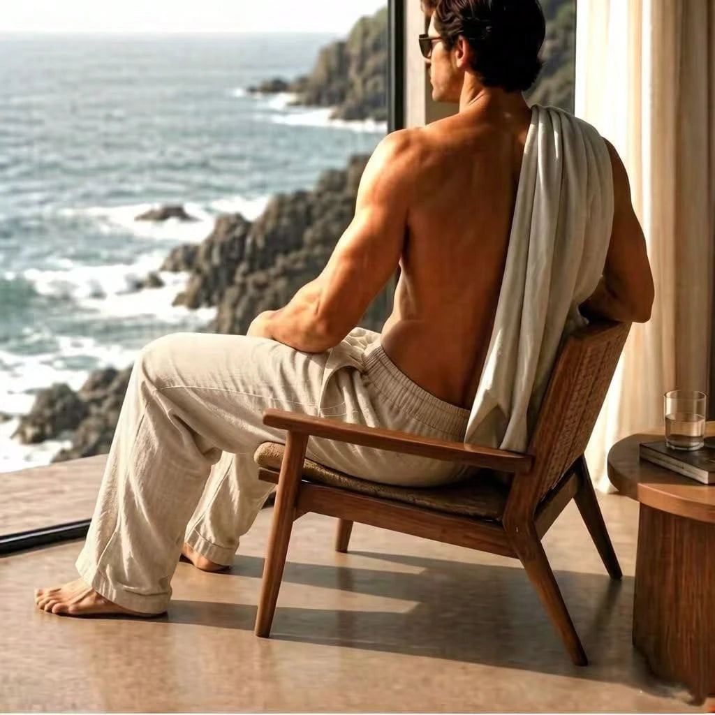 Men's Cotton Linen Pants, Loose Wide Straight Leg, Breathable Casual Trousers