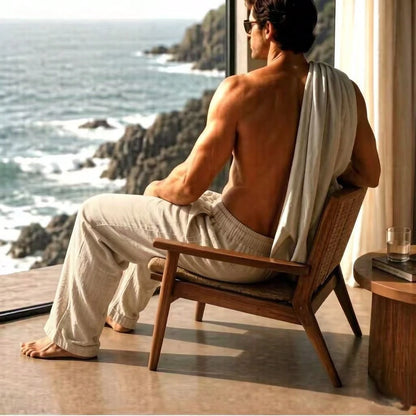 Men's Cotton Linen Pants, Loose Wide Straight Leg, Breathable Casual Trousers