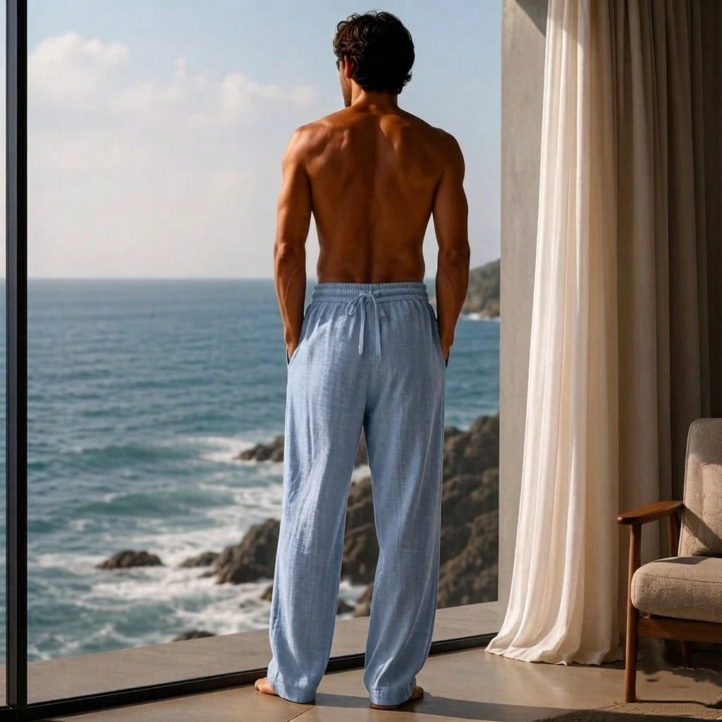 Men's Cotton Linen Pants, Loose Wide Straight Leg, Breathable Casual Trousers
