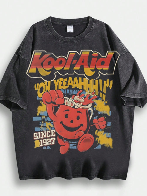 Men's Hip-Hop Style T-Shirt With Ko Ol-Aid Cartoon Print, Unique Design, 230g 100% Cotton, Loose Fit, Short Sleeves, Top. DG004